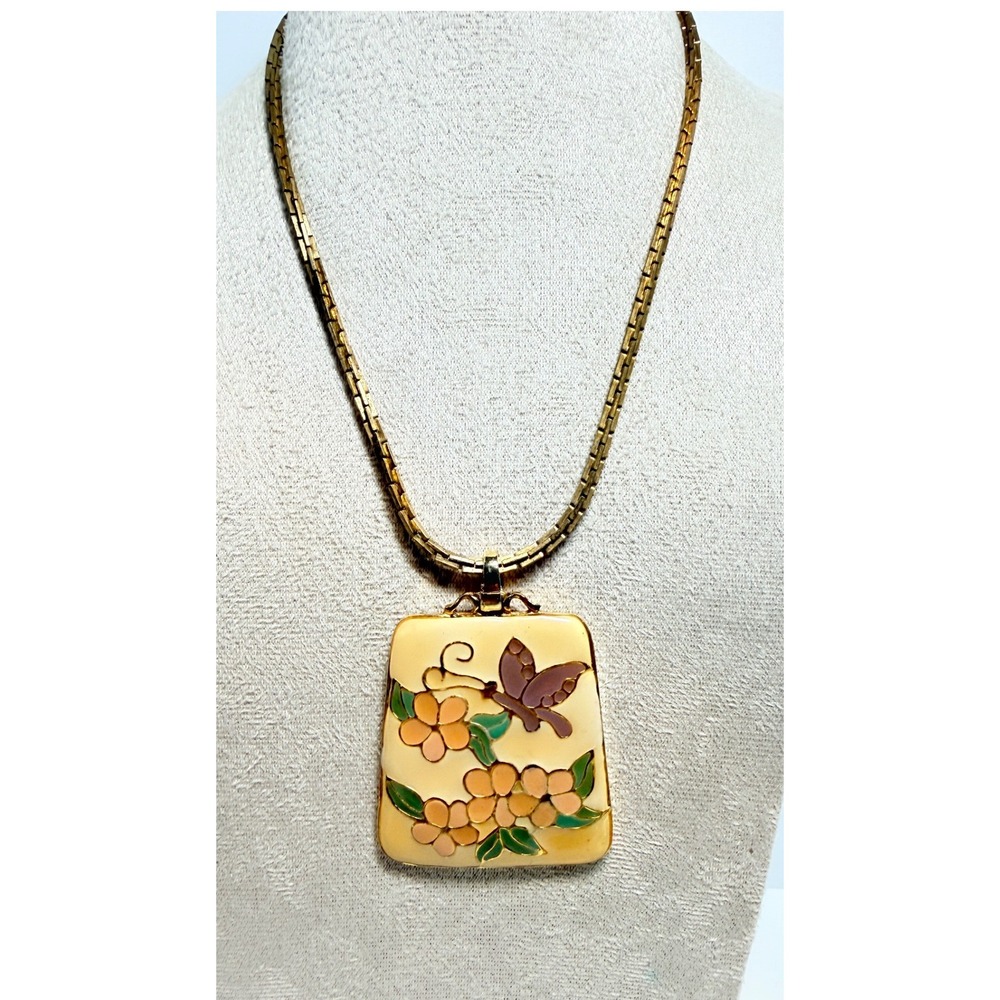 Thailand Enamel Butterfly Flower Pendant Necklace Gold Tone Box Chain 16 Inch
